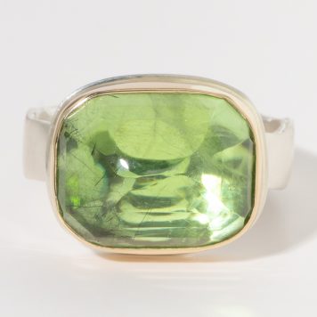 Jamie Joseph:Sterling & 14K Gold Ring w/ Inverted Rectangular PERIDOT on Wide Eroded Live Edge Band