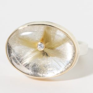 Jamie Joseph:Sterling & 14K Gold Ring w/ Oval STAR RUTILATED QUARTZ and .025 Diamond on X Band