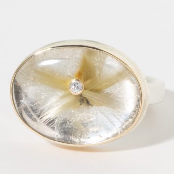 Jamie Joseph:Sterling & 14K Gold Ring w/ Oval STAR RUTILATED QUARTZ and .025 Diamond on X Band
