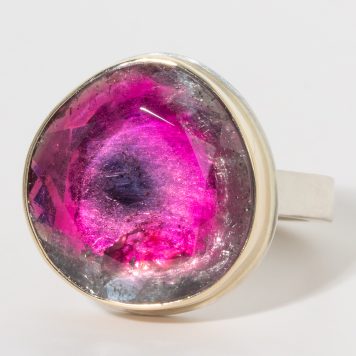 Jamie Joseph:Sterling & 14K Gold Ring w/ Vertical Asymmetrical Table up WATERMELON TOURMALINE on X Band
