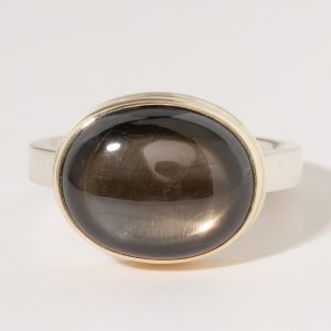 Jamie Joseph:Sterling & 14K Gold Ring w/ Smooth Oval Brown Sapphire on X Band