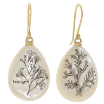 Hannah Blount: Mother of Pearl Sea Lace Scrimshaw Earrings, 14k YG