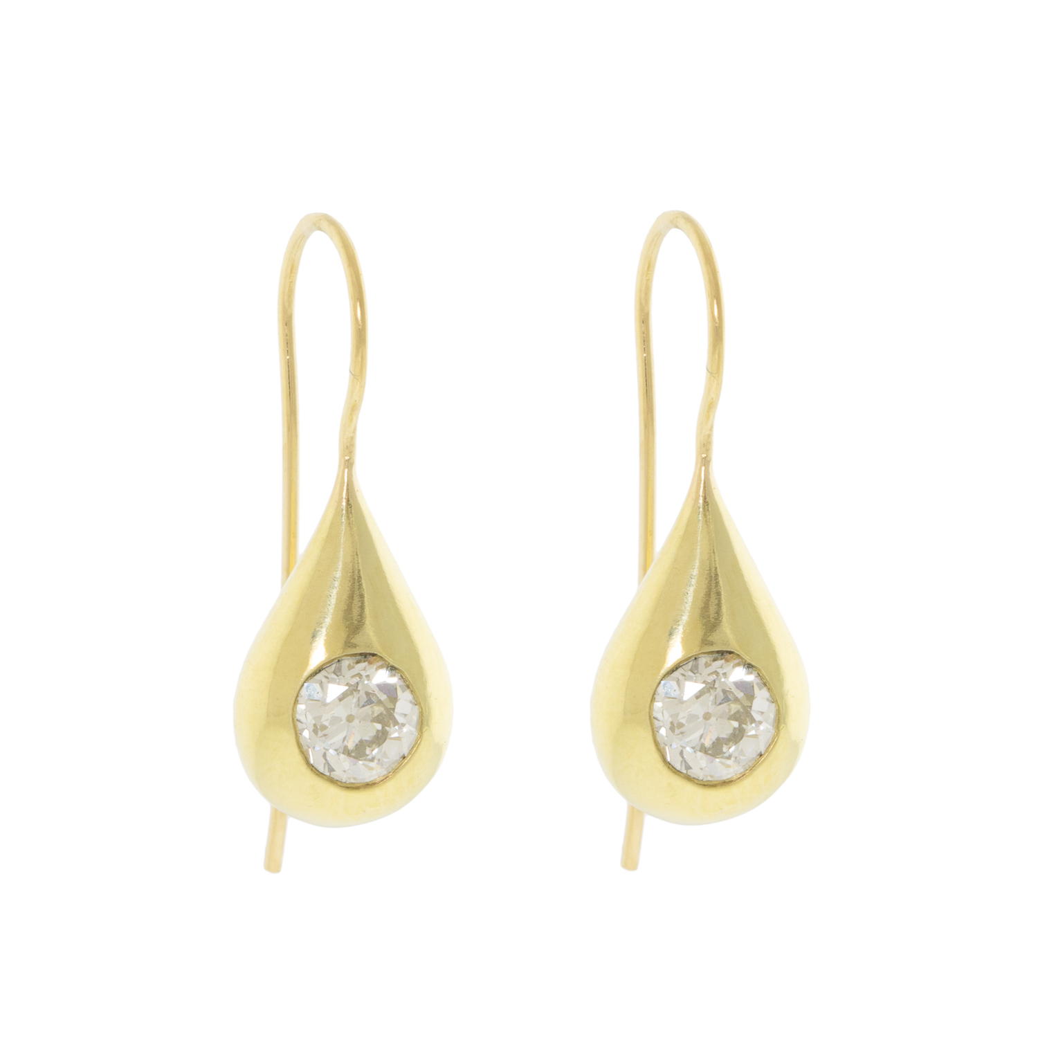Ten Thousand Things: Teardrop Solitaire Diamond Earrings, 18k YG, .75ct Old Euro Cut