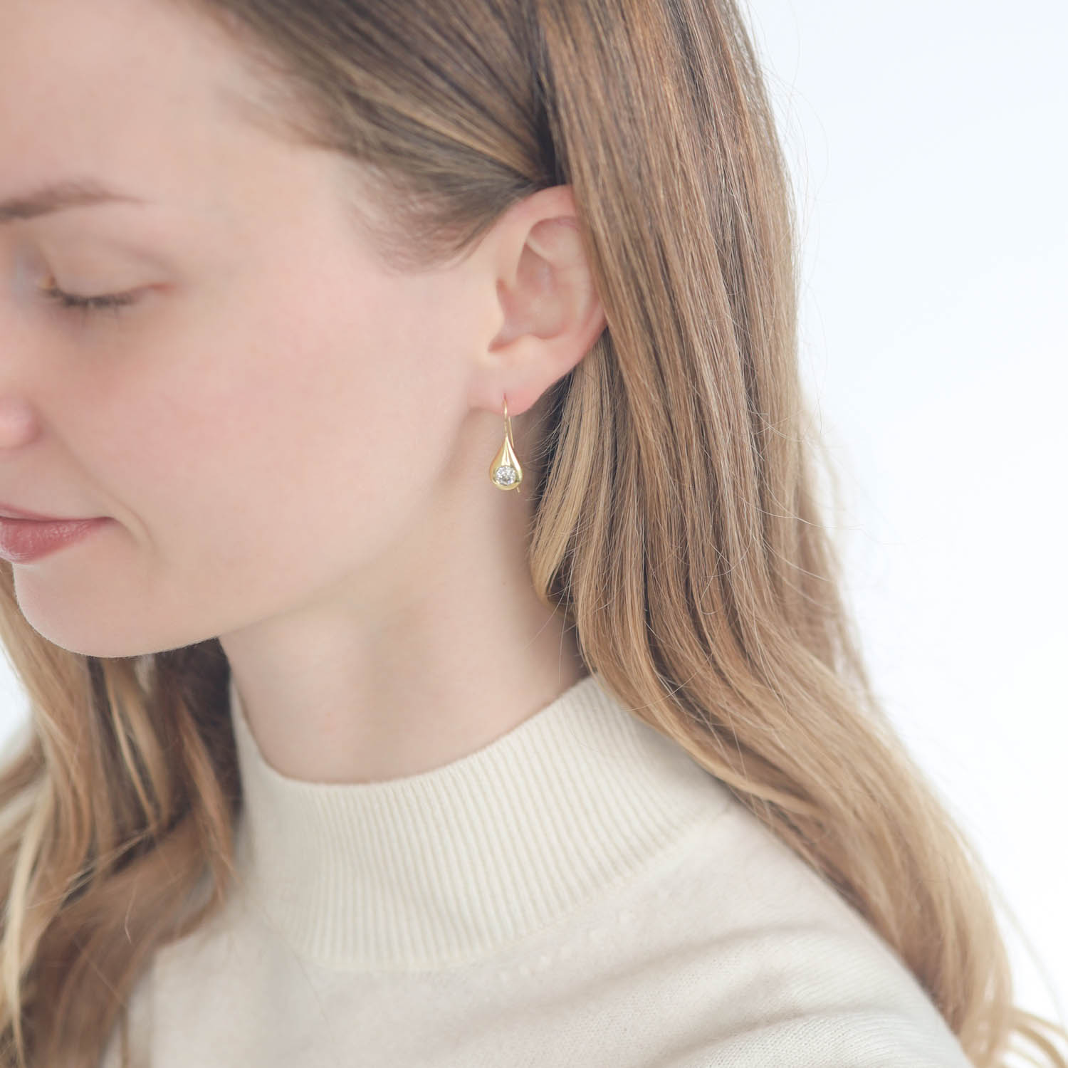 Ten Thousand Things: Teardrop Solitaire Diamond Earrings, 18k YG, .75ct Old Euro Cut