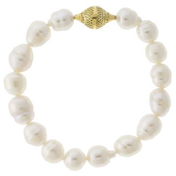 Ray Griffiths: White Ridged South Sea Pearl stretch bracelet w/ 18K YG Crownwork Bead