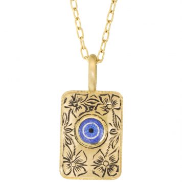 Erica Molinari Trunk Show: Gold Engraved rectangular flower charm with enamel evil eye "if not now, when?"