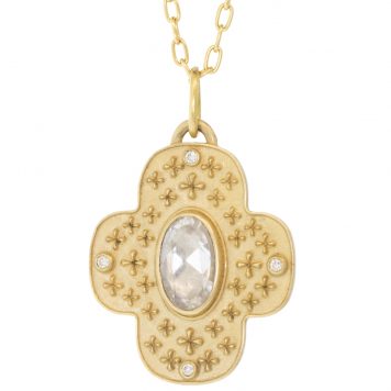 Erica Molinari Trunk show:14k Medium Engraved Shamrock - " Beauty awakens the soul" - White Sapphire & diamonds- .40cts