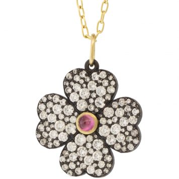 Erica Molinari Trunk show:SS Large Pave 4-leaf clover set with 18k Burmese Ruby Cabochon - To Love, Truth, Life, To live - 3.035cts