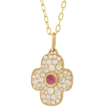 Erica Molinari Trunk show:14k pave Quatrefoil set with Burmese ruby cab - "who, being loved, is poor?- Oscar Wilde 1.31cts
