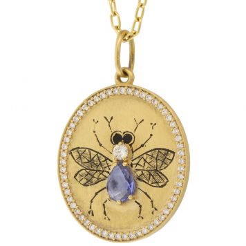 Erica Molinari Trunk show:18K / HAND engraved gemstone bug charm with center stone & diamond "to be or not to be"