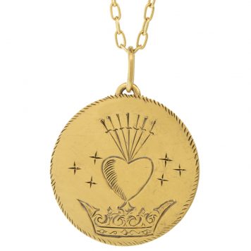 Erica Molinari Trunk show:18K / HAND engraved large Heart + Crown disc "follow your own star"