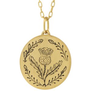 Erica Molinari Trunk show:18K / HAND engraved large Thistle disc "We acquire the strength we have overcome" Ralph Waldo Emerson