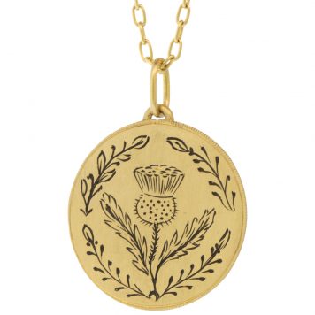 Erica Molinari Trunk show:18K / HAND engraved large Thistle disc "We acquire the strength we have overcome" Ralph Waldo Emerson