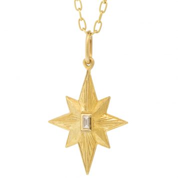 Erica Molinari Trunk show : 18K Medium Hand engraved STAR set with White diamond baguette -.05cts "live everyday of your life"