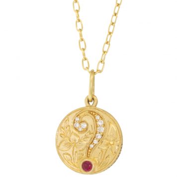 Erica Molinari Trunk Show:18K / small HAND engraved diamond .087cts & ruby .23cts question mark charm