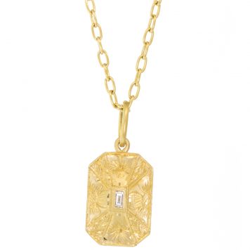 Erica Molinari Trunk Show: 18K / medium hand engraved sharp edge rectangle baguette diamond charm - "live every day" .05cts center