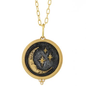 Erica Molinari Trunk Show:18k Large Pure Silver foiled Hand painted Hand engraved Man in the moon set in triple granule diamond frame - .03cts "i love my life"