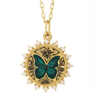 Erica Molinari Trunk Show:18K LARGE foiled painted Vitreous glass enamel butterfly set in spaced diamond frame - .48cts "live, love, life"