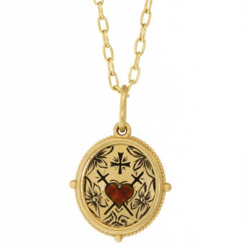 Erica Molinari Trunk Show:18K Hand Engraved Hand Painted heart with swords set in a plain frame