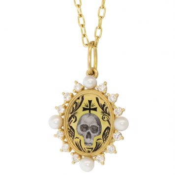 Erica Molinari Trunk Show:18K small oval hand painted - Hand engraved Skull set in Diamond and pearl frame - .36cts