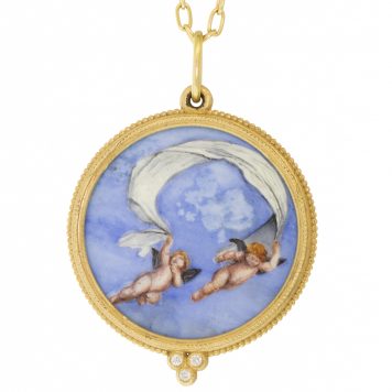 Erica Molinari Trunk Show:18k XL HAND PAINTED Vitreous enamel cherubs set in triple granule frame - .07cts