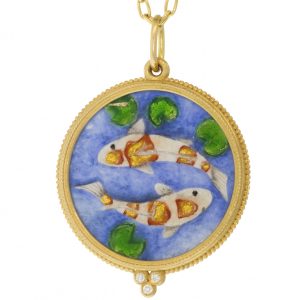 Erica Molinari Trunk Show:18k XL HAND PAINTED Vitreous enamel Koi fish set in triple granule frame - .07cts