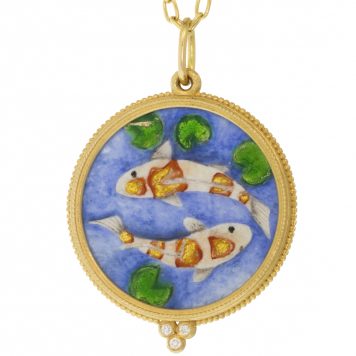 Erica Molinari Trunk Show:18k XL HAND PAINTED Vitreous enamel Koi fish set in triple granule frame - .07cts