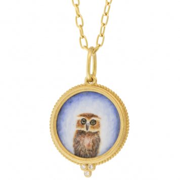 Erica Molinari Trunk Show:18K Med Round Hand Painted Vitreous enamel baby Hoot owl set in triple diamond frame -.03cts