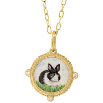 Erica Molinari Trunk Show:18k small round hand painted vitreous enamel bunny - set in spaced triple diamond frame - .09cts