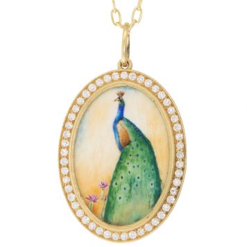 Erica Molinari Trunk Show:18k Xl Oval Full pave diamond frame HAND PAINTED Vitreous enamel Peacock - .64cts