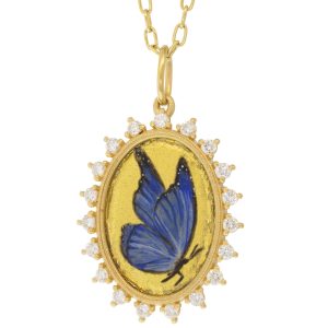 Erica Molinari Trunk Show:18K Large 24K foiled Vitreous enamel Hand painted Butterfly set in Diamond frame - .57cts