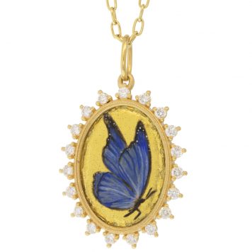 Erica Molinari Trunk Show:18K Large 24K foiled Vitreous enamel Hand painted Butterfly set in Diamond frame - .57cts