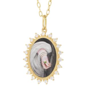 Erica Molinari Trunk Show:18K Large Oval Hand painted Vitreous glass jeweled hand set in spaced diamond frame - .57cts