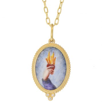 Erica Molinari Trunk Show:18K Medium Oval Hand Painted Vitreous glass enamel "allegory of Charity" set in triple diamond frame -.03cts