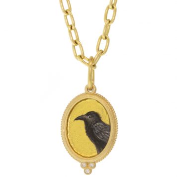 Erica Molinari Trunk Show:18K Hand Painted Vitreous glass enamel Raven/Crow painted on 24K gold foil and set in triple diamond granule - .03cts