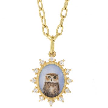 Erica Molinari Trunk Show:18K small oval hand painted baby hoot owl set in spaced diamond frame - .42cts