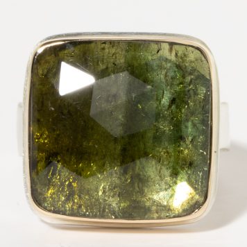 Jamie Joseph:Sterling & 14K Gold Ring w/ Square Rose Cut GREEN TOURMALINE on Wide Eroded Lice Edge Band