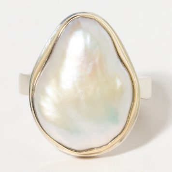Jamie Joseph:Sterling & 14K Gold Ring w/ Vertical Cultured WHITE PEARL on Soft Live Edge Band