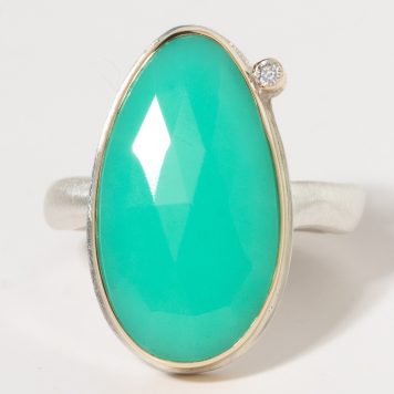Jamie Joseph:Sterling & 14K Gold Ring w/ Vertical Tear Drop CHRYSOPRASE and .025 pt Satellite diamond on Middle Groovy Band