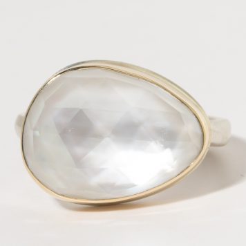 Jamie Joseph:Sterling & 14K Gold Ring w/Asymmetrical Rose Cut WHITE MOTHER-OF-PEARL w/ROCK CRYSTAL on Middle Organic