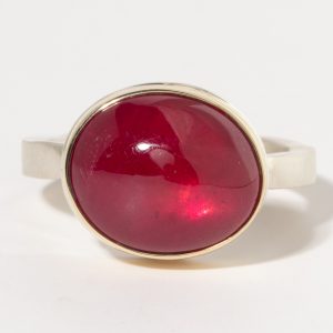 Jamie Joseph:Sterling & 14K Gold Ring w/ Smooth Oval AFRICAN RUBY on Middle Live Edge Band