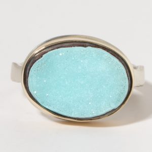 Jamie Joseph:Sterling & 14K Gold Ring w/ Oval CHRYSOCOLLA DRUSY on Eroded Live Edge Band