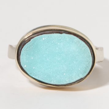 Jamie Joseph:Sterling & 14K Gold Ring w/ Oval CHRYSOCOLLA DRUSY on Eroded Live Edge Band