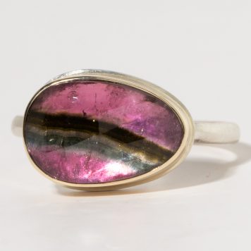 Jamie Joseph:Sterling & 14K Gold Ring w/Asymmetrical Rose Cut WATERMELON TOURMALINE on Skinny Smooth Band