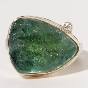 Jamie Joseph:Sterling & 14K Gold Ring w/Asymmetrical Surface GREEN TOURMALINE and .03 TCW Satellite Diamond on Soft Live Edge Band