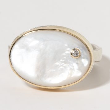 Jamie Joseph:Sterling & 14K Gold Ring w/ Oval MOTHER OF PEARL & .03 ct Diamond on Eroded Live Edge Band