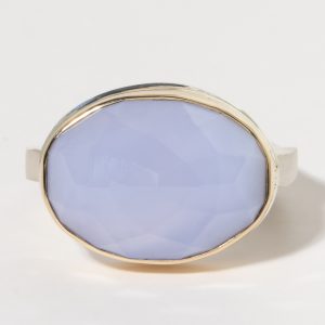Jamie Joseph:Sterling & 14K Gold Ring w/ Oval Faceted BLUE CHALCEDONY on Medium Live Edge Band