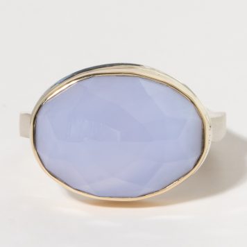 Jamie Joseph:Sterling & 14K Gold Ring w/ Oval Faceted BLUE CHALCEDONY on Medium Live Edge Band
