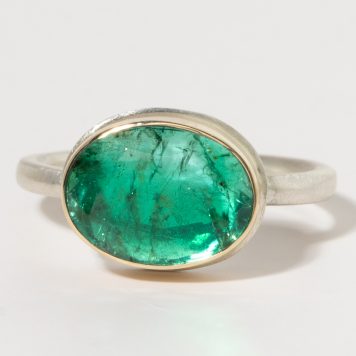 Jamie Joseph:Sterling & 14K Gold Ring w/ Oval Table Up BRAZILIAN EMERALD on Sand Band 3.48 TCW
