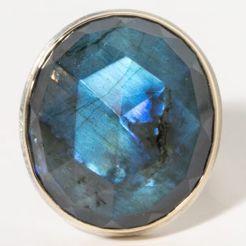 Jamie Joseph:Sterling & 14K Gold Ring w/ Large Vertical Oval Rose Cut LABRADORITE On Groovy Band